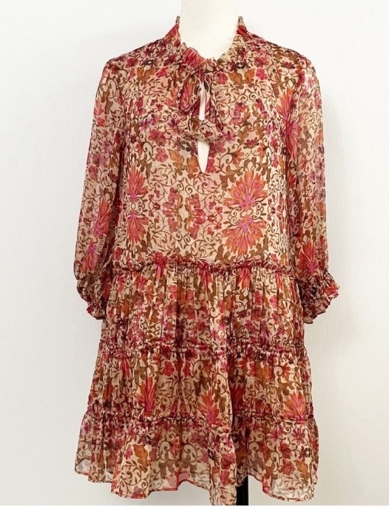 Misa Los Angeles Dresses & Skirts - Misa Los Angeles Llanit Chiffon Floral Tie-Neck Tiered Swing Dress Pink Brown XS